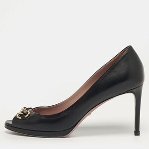 Gucci Horsebit Size 38 Black Leather Peep Toe Pumps